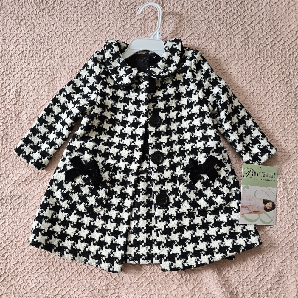Bonnie Baby Black and White Houndstooth Coat with Bow Pockets
